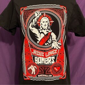 “Jesus Loves Gamers” Black and Red Fitted Tee. Unisex.